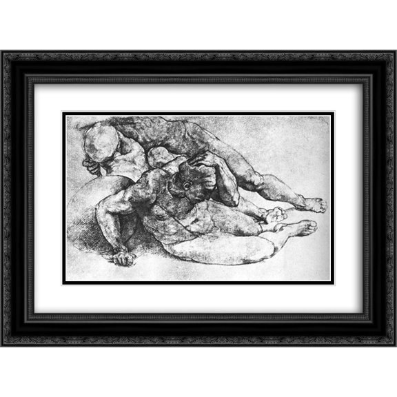 Michelangelo 2x Matted 24x18 Black Ornate Framed Art Print 'Study of Three Male Figures (after Raphael)'