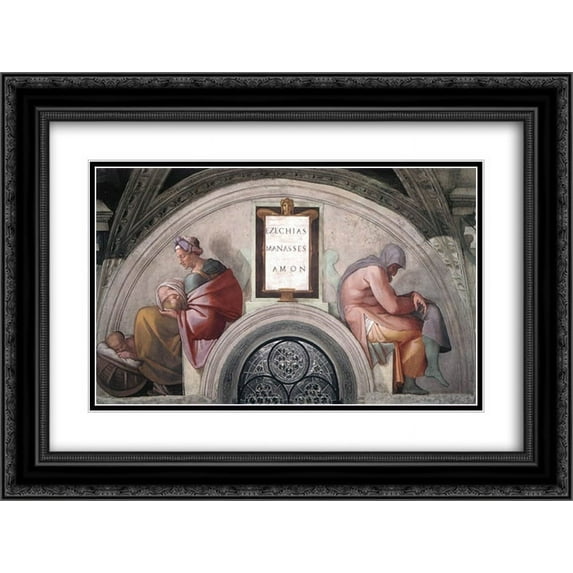 Michelangelo 2x Matted 24x18 Black Ornate Framed Art Print 'The Ancestors of Christ Manasseh, Amon'