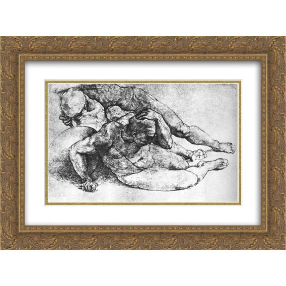 Michelangelo 2x Matted 24x18 Gold Ornate Framed Art Print 'Study of Three Male Figures (after Raphael)'