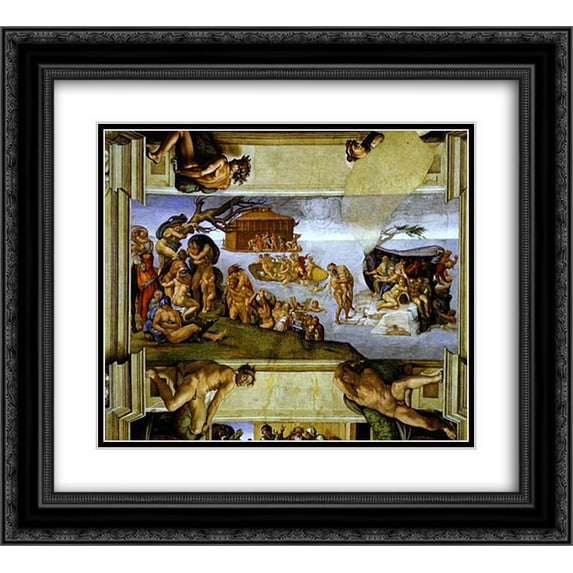 Michelangelo 2x Matted 24x20 Black Ornate Framed Art Print 'Sistine Chapel Ceiling The Flood'