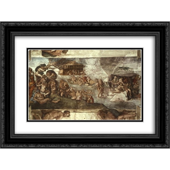 Michelangelo 2x Matted 24x20 Black Ornate Framed Art Print 'Sistine Chapel Ceiling The Flood '