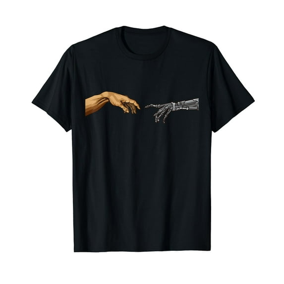 Michelangelo Creation Of Adam Hands Cyborg Robotics Funny AI Men Casual Retro T-Shirt