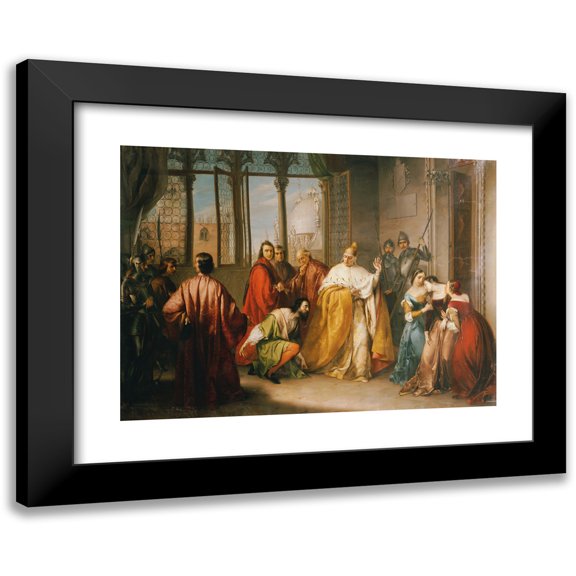 Michelangelo Grigoletti 18x14 Black Modern Framed Museum Art Print Titled - The Doge Francesco Foscari Sends His Son Giacomo into Exile (‘I Due Foscari’) (1843)