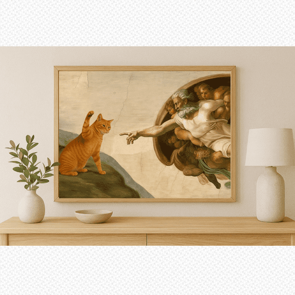 Michelangelo Parody, Humorous Renaissance Meme, Funny Cat Poster Poster, Poster Only