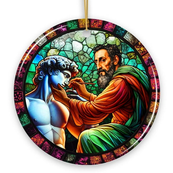 Michelangelo Sculpting David in Stained Glass Themed Christmas Ornament, Renaissance Italy Gift and Decor