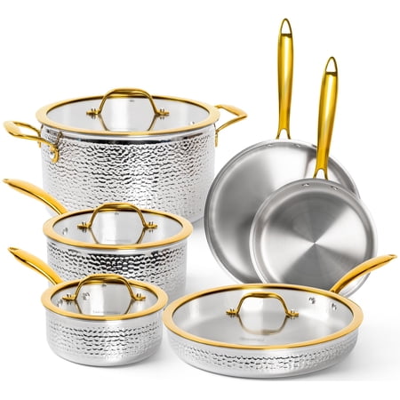 Michelangelo Triply Stainless Steel Pots and Pans Set, 10-Piece Hammered Stainless Steel Cookware Set with Golden Handle, Premium Induction Kitchen Cookware, Oven Safe