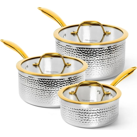 Michelangelo Triply Stainless Steel Saucepan Set, Luxury Hammered Stainless Steel Sauce Pans with Golden Handle, Premium Sauce Pot Set, Induction Compatible