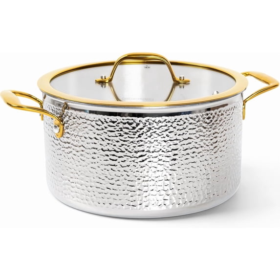 Michelangelo Triply Stainless Steel Stock Pot with Lid, Luxury Hammered Stainless Steel 6 Quart Pot with Lid & Golden Handle, Premium Induction Stockpot - 6QT