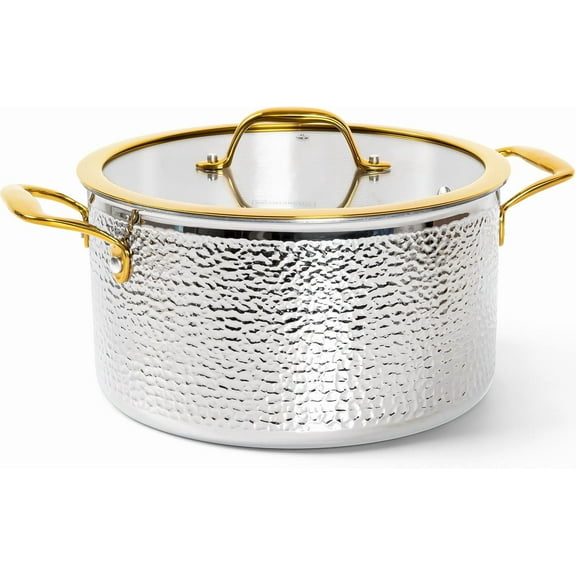 Michelangelo Triply Stainless Steel Stock Pot with Lid, Luxury Hammered Stainless Steel 6 Quart Pot with Lid & Golden Handle, Premium Induction Stockpot - 6QT