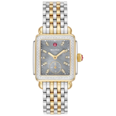 Michele Deco Mid Two-Tone Steel Diamonds Gray Mother-of-Pearl Dial Rectangle Womens Watch MWW06V000132