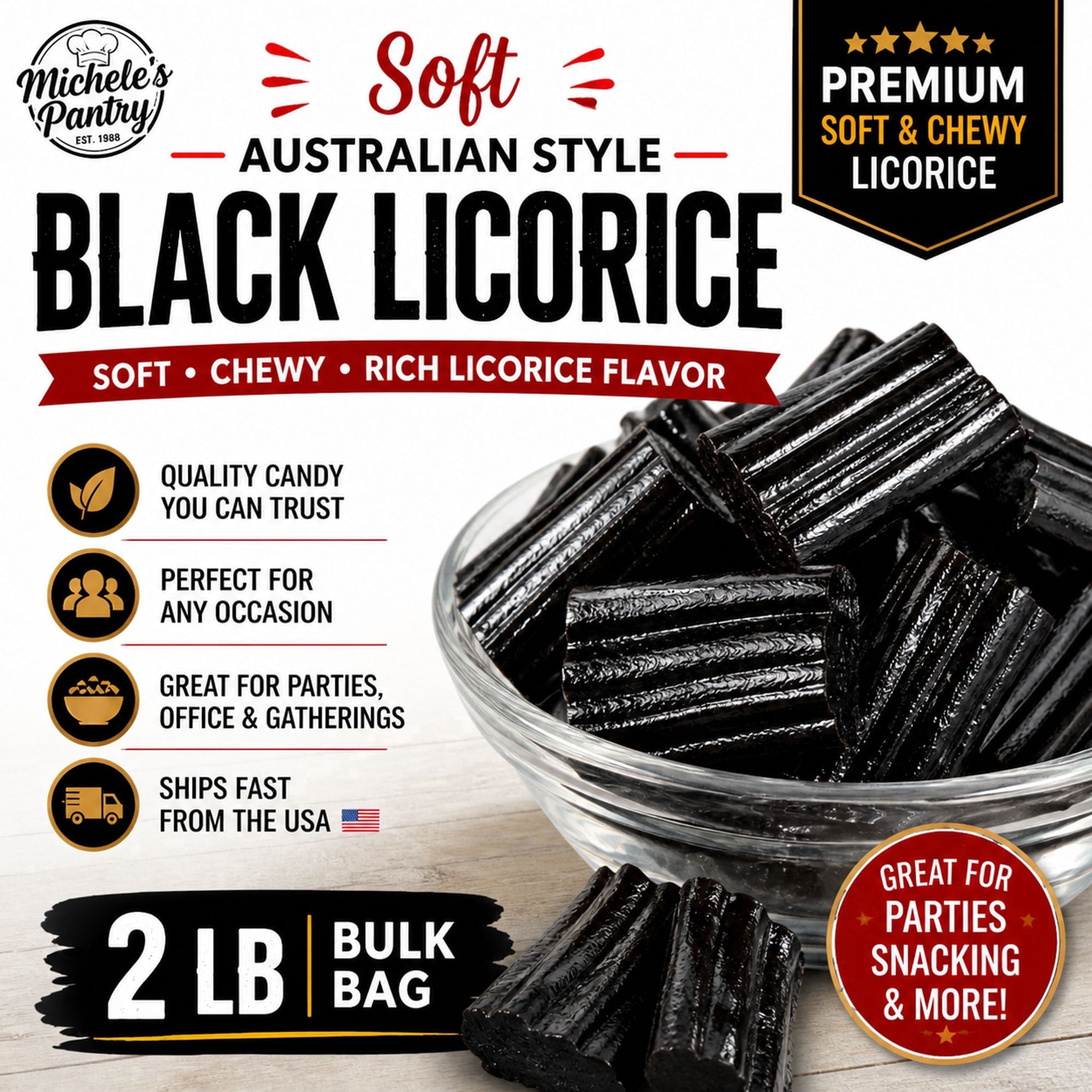 Michele’s Pantry Soft Australian-Style Black Licorice Nibs, 2 lb Bulk Bag, Vegan