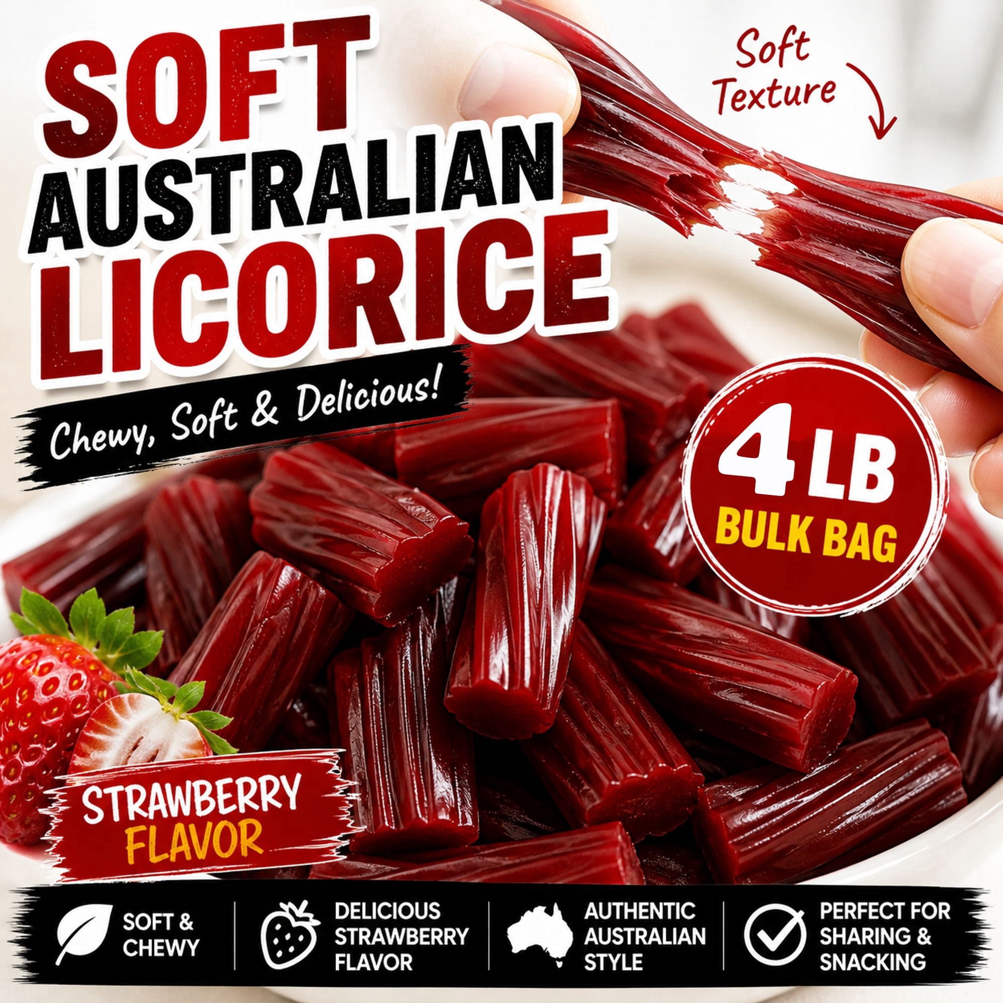 Michele's Pantry Red Strawberry Licorice Australian Style Soft Chewy, 4 lbs