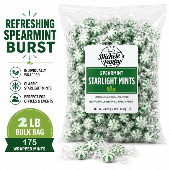 Micheles Pantry Spearmint Starlight Mints Hard Candy, 4 lb Bulk Bag, Individually Wrapped Refreshing Mint Candy