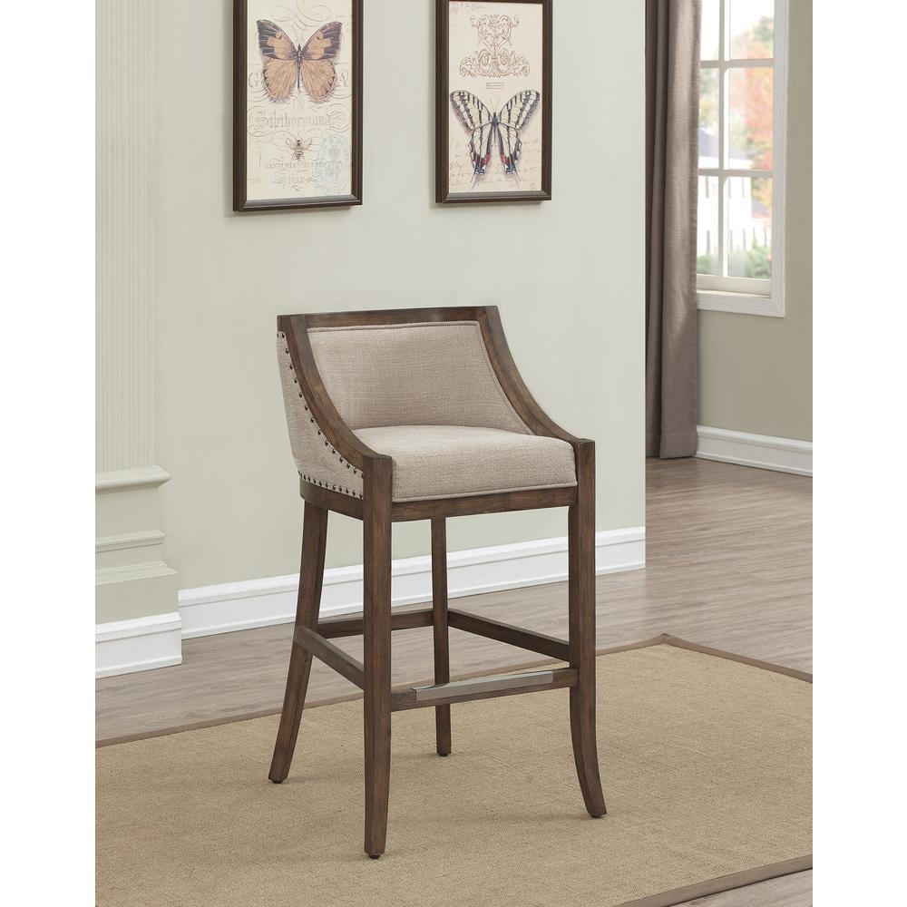 Warm Brown Birch Wood Adjustable Bar Stool with Light Beige Linen Seat