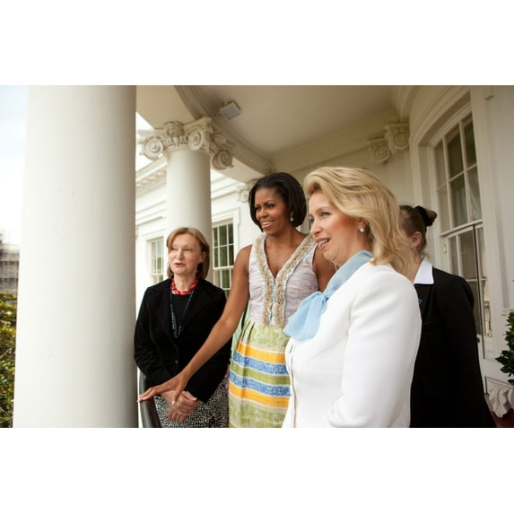 Michelle Obama Hosts First Lady Of Russia Svetlana Medvedeva On The Truman Balcony Of The White House. Michelle Wears A Tracy Feithdress With A Bodice Of Hand Dyed Cotton And Silk Trimmed With Strips