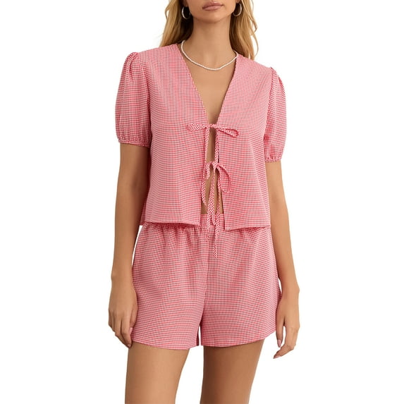 Michellecmm 2 Piece Women's Plaid Summer Outfit, Loose V Neck Puff Sleeve Front Tie-Up Tops Elastic Waist Shorts Set