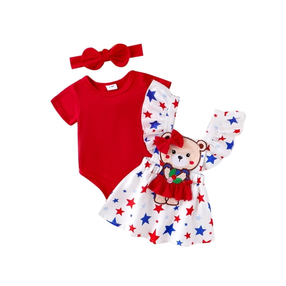 Michellecmm 4th of July Baby Girls Outfits Solid Color Short Sleeve Rompers Stars Print Suspender Skirts Headband 3Pcs Clothes Set