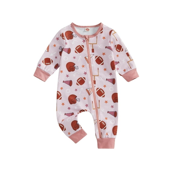 Michellecmm Baby Boy Girl Football Romper Printed Long Sleeve Zipper Jumpsuit