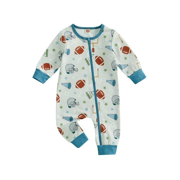 Michellecmm Baby Boy Girl Football Romper Printed Long Sleeve Zipper Jumpsuit