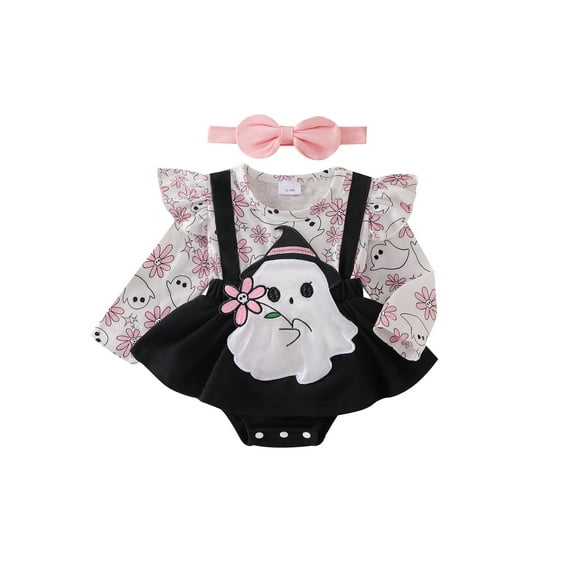 Michellecmm Baby Girl 2Pcs Halloween Outfits Ghost Embroidery Romper with Headband