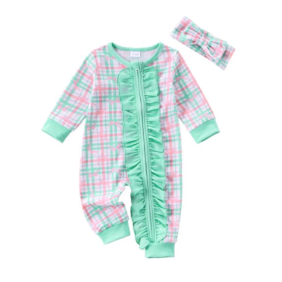 Michellecmm Baby Girl Bodysuits Plaid/Bow Print Ruffled Zip Up Romper Headband