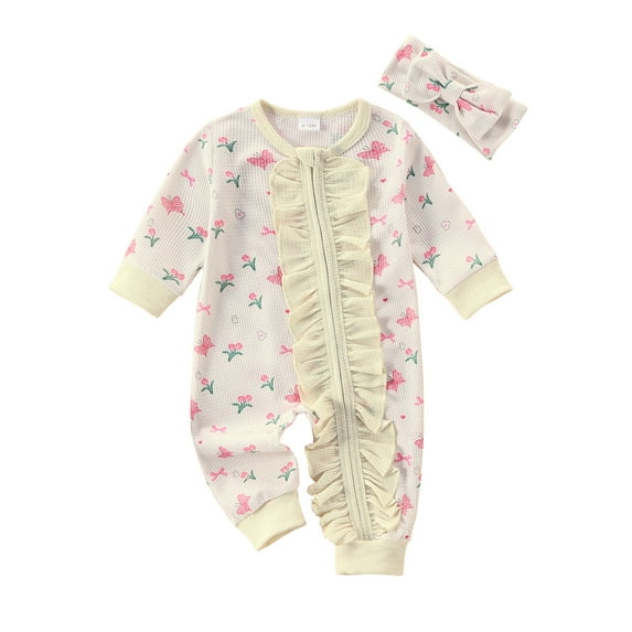 Michellecmm Baby Girl Bodysuits Plaid/Bow Print Ruffled Zip Up Romper Headband