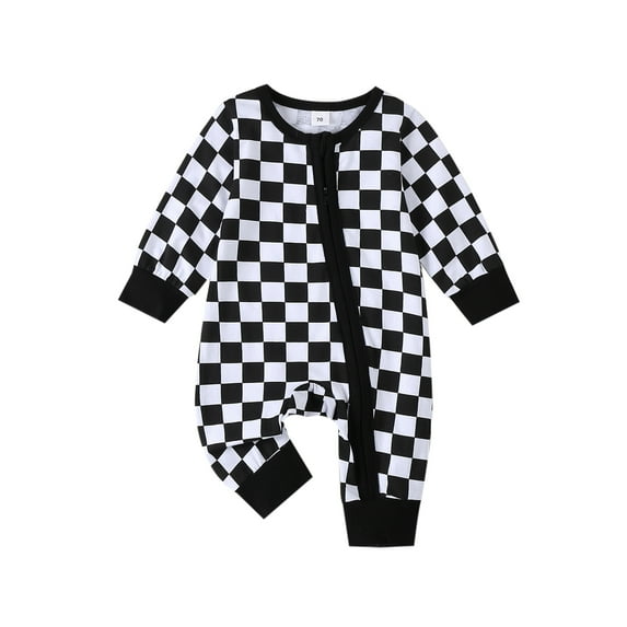Michellecmm Baby Girl Boy Checkerboard Romper Long Sleeve Full Length Jumpsuit