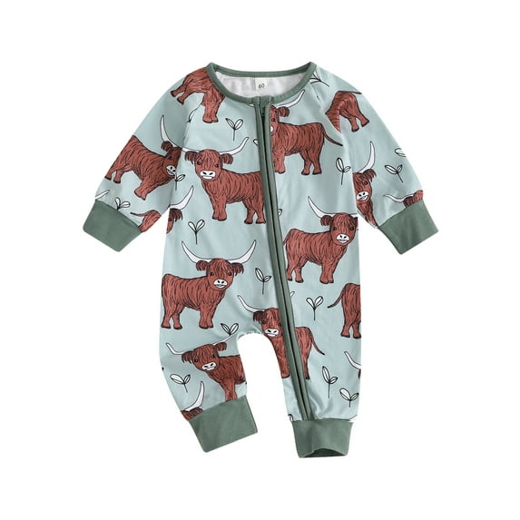 Michellecmm Baby Girl Boy Western Romper Cattle Print Long Sleeve Zip-Up Jumpsuit for Fall