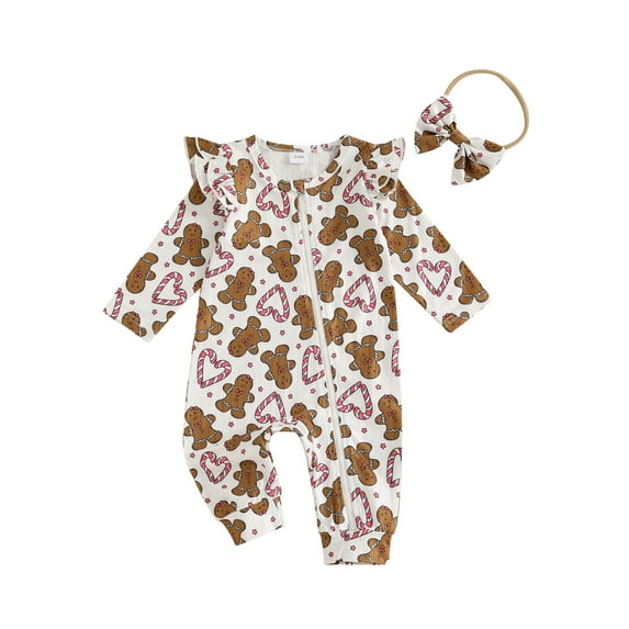 Michellecmm Baby Girl Christmas Romper Gingerbread Man Print Long Sleeve Crew Neck Zipper Full Length Jumpsuit with Bow Headband