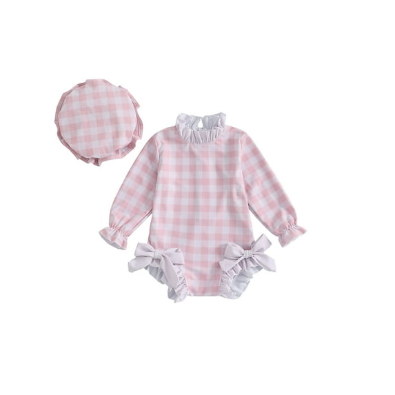 Michellecmm Baby Girl Rash Guard Swimsuit Plaid Print Long Sleeve Bow Bathing Suit with Swim Cap