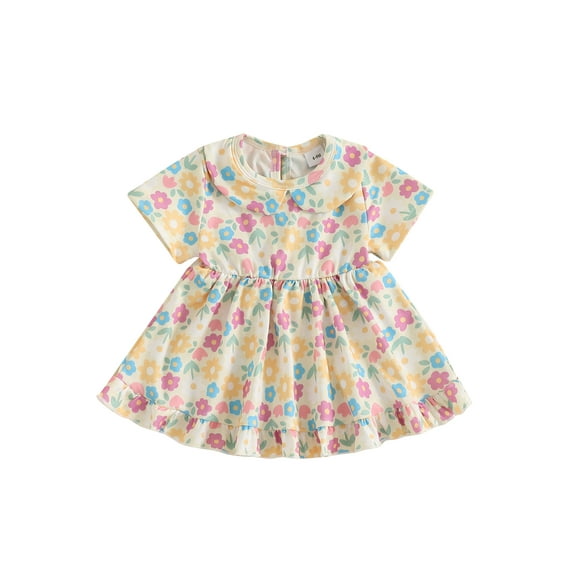 Michellecmm Baby Girl Summer Dress Casual Short Sleeve Doll Collar Floral Print Dress Toddler A-Line Dress