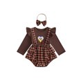 thumbnail image 1 of Michellecmm Baby Girl Thanksgiving Rompers 0-18M Newborn Long Sleeve Bodysuits Plaid Print Turkey Embroidery Crew Neck Jumpsuits with Bow Headband, 1 of 9