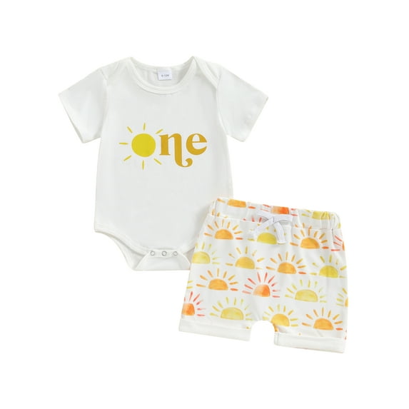 Michellecmm Baby Girls 2Pcs Birthday Outfits Short Sleeve Letter Romper + Sun Print Shorts Set Infant Clothes