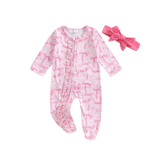 Michellecmm Baby Girls Autumn Footed Jumpsuit Long Sleeve Crew Neck Bow Print Oblique Zipper Romper with Headband
