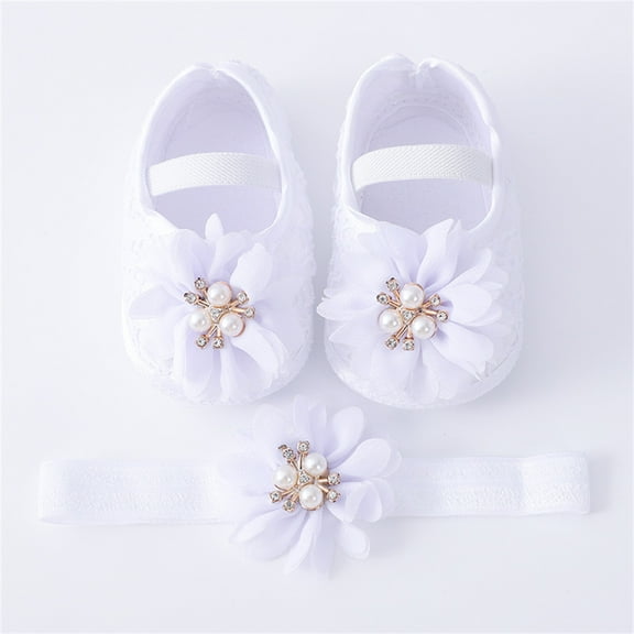 Michellecmm Baby Girls Flats and Headband Soft Sole Non-slip Pearl Flower Princess Wedding Dress Walking Shoes for Newborn