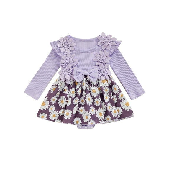 Michellecmm Baby Girls Ribbed Romper Long Sleeve Flower Print Romper Dress