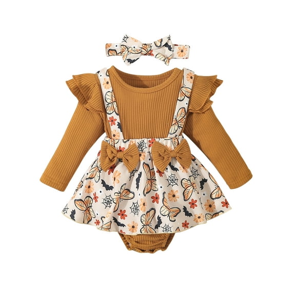 Michellecmm Baby Girls Romper Dress Butterfly/Pumpkin/Flower Print Long Sleeve Jumpsuits and Cute Headband Set for Toddler