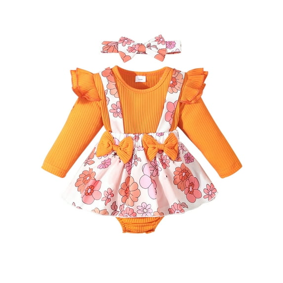 Michellecmm Baby Girls Romper Dress Butterfly/Pumpkin/Flower Print Long Sleeve Jumpsuits and Cute Headband Set for Toddler