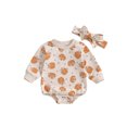 thumbnail image 1 of Michellecmm Baby Girls Romper, Long Sleeve Crew Neck Bow Pumpkin Print Bodysuit Newborn Halloween Costume, 1 of 9