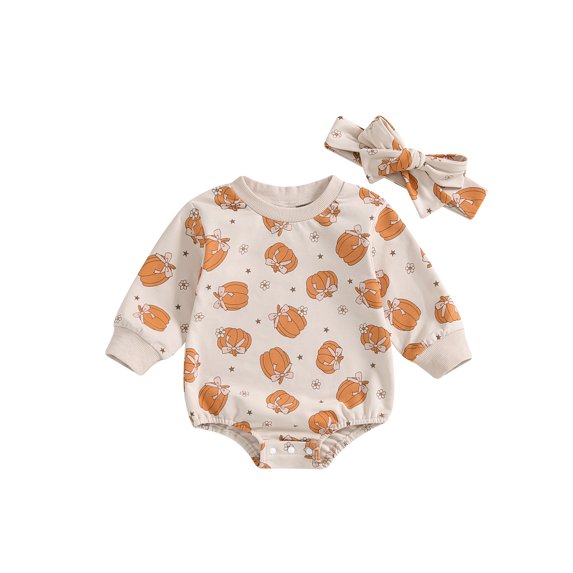 Michellecmm Baby Girls Romper, Long Sleeve Crew Neck Bow Pumpkin Print Bodysuit Newborn Halloween Costume
