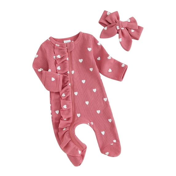 Michellecmm Baby Girls Valentine's Day Jumpsuit Long Sleeve Crew Neck Heart Print Ruffle Zipper Romper with Headband