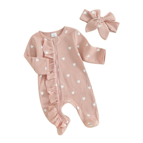 Michellecmm Baby Girls Valentine's Day Jumpsuit Long Sleeve Crew Neck Heart Print Ruffle Zipper Romper with Headband