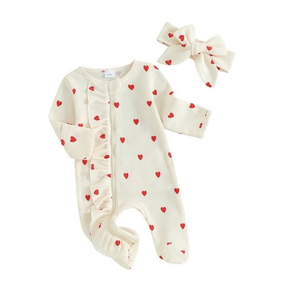 Michellecmm Baby Girls Valentine's Day Jumpsuit Long Sleeve Crew Neck Heart Print Ruffle Zipper Romper with Headband