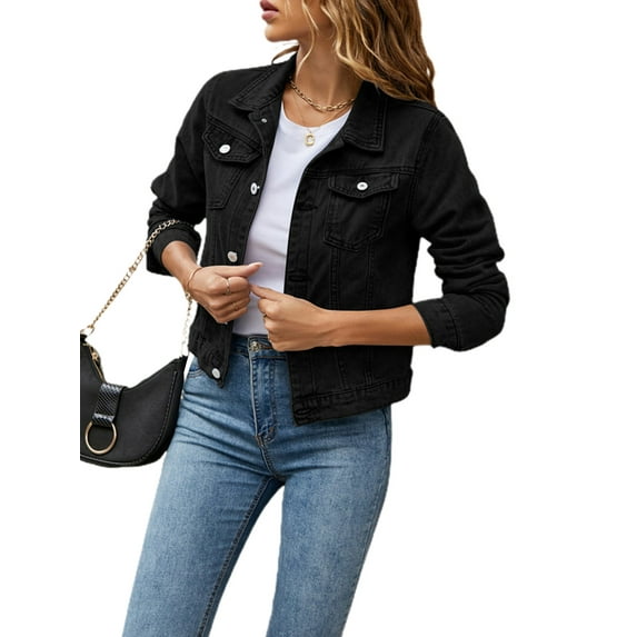 Michellecmm Basic Fitted Denim Jacket for Women, Long Sleeve Solid Color Casual Button Down Chest Pocket Jean Tops