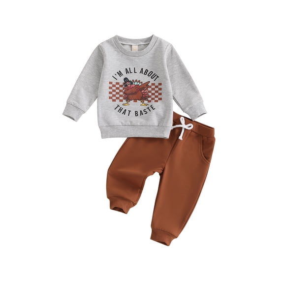 Michellecmm Boys 2PCS Thanksgiving Outfit Sets Long Sleeve O Neck Letter Turkey Print Tops Drawstring Pants Sets