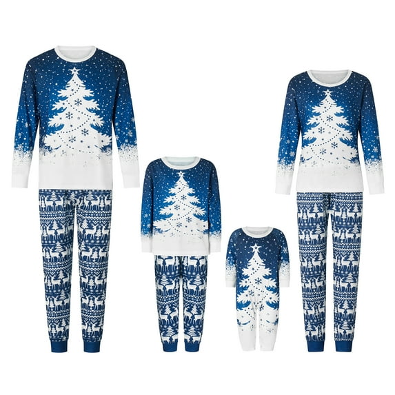 Michellecmm Christmas Pajamas for Family Snowflake Tree Print Long Sleeve Crew Neck Tops + Pants Set Sleepwear