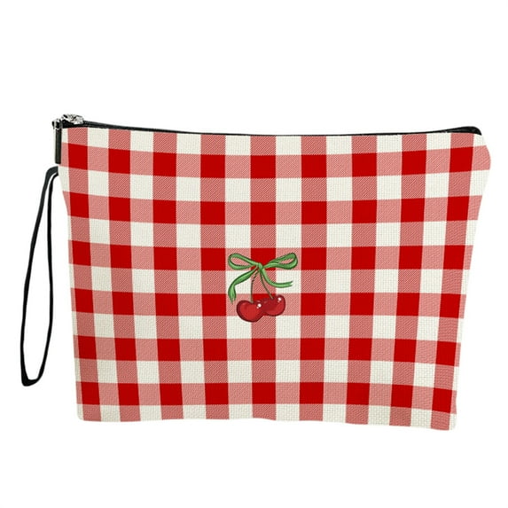 Michellecmm Cosmetic Bag, Multifunctional Plaid Cherry Print Portable Zipper Closure Coin Pouch Clutch Bag Purse