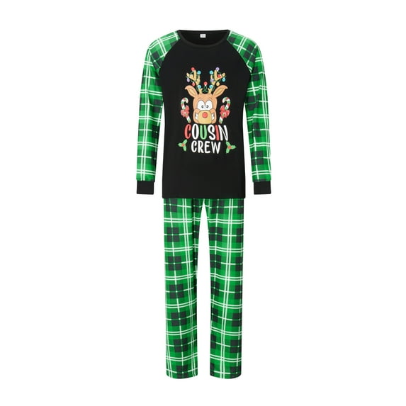 Michellecmm Family Matching Christmas Pajamas, Deer HeadLetter Print Long-Sleeved Tops + Plaid Pattern Trousers Sleepwear Outfits
