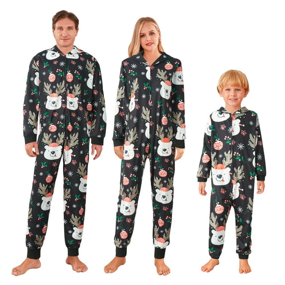 Michellecmm Family Matching Christmas Pajamas Jumpsuits Cartoon Elk Santa Snowflake Deer Print Hooded Long Sleeve Zipper-Up Romper Sleepwear