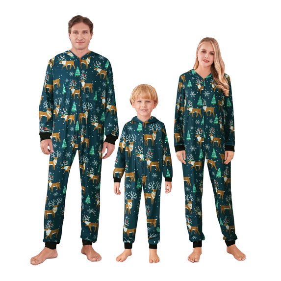 Michellecmm Family Matching Christmas Pajamas Jumpsuits Cartoon Elk Santa Snowflake Deer Print Hooded Long Sleeve Zipper-Up Romper Sleepwear